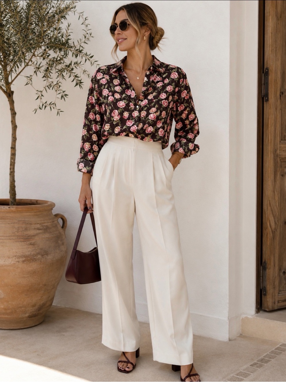 100% Cotton Floral Jones New York Signature Blouse, Brown/Pink, Women's (US M)